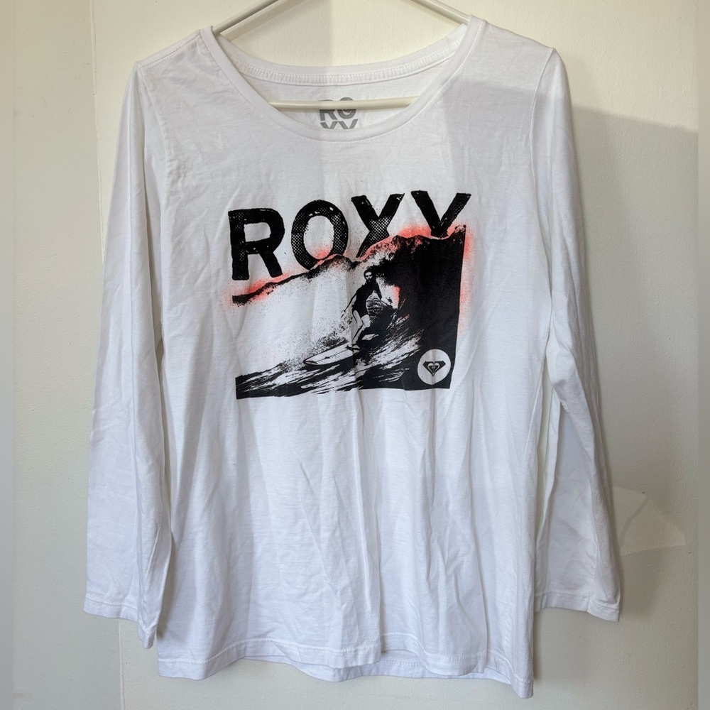 Roxy White Long Sleeve Surf Graphic Tee with Black and Pink Accents